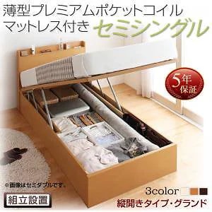 [組立設置料込み]国産 跳ね上げ収納ベッド [Freeda]フリーダ [薄型プレミアムポケットコイルマットレス付き] 縦開き セミシングル 深さグランド [フレーム色]ホワイト