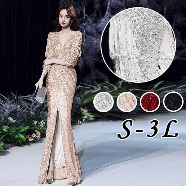 ロングドレス ドレス マーメイド スリット 袖あり 5分袖 ポワン袖 カシュクール ドレス ピアノ 発表会 結婚式 謝恩会 卒業式