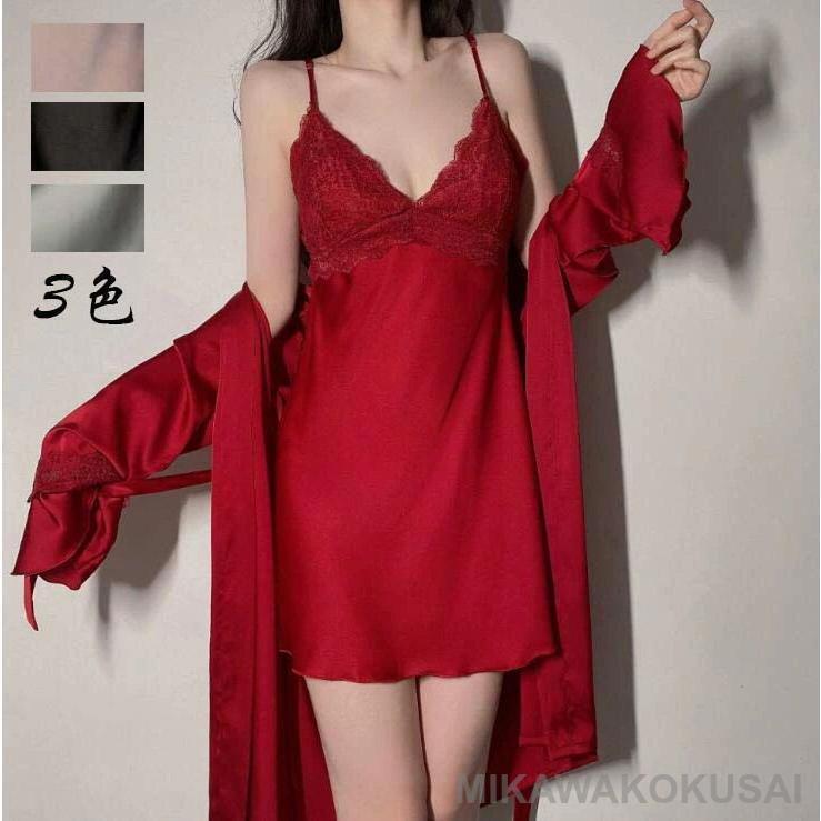 レース 模造シルク ランジェリー レディース セットアップ 798 女性パジャマ ネグ カーディガン パジャマ ウェア キャミソール 2点パジャマ