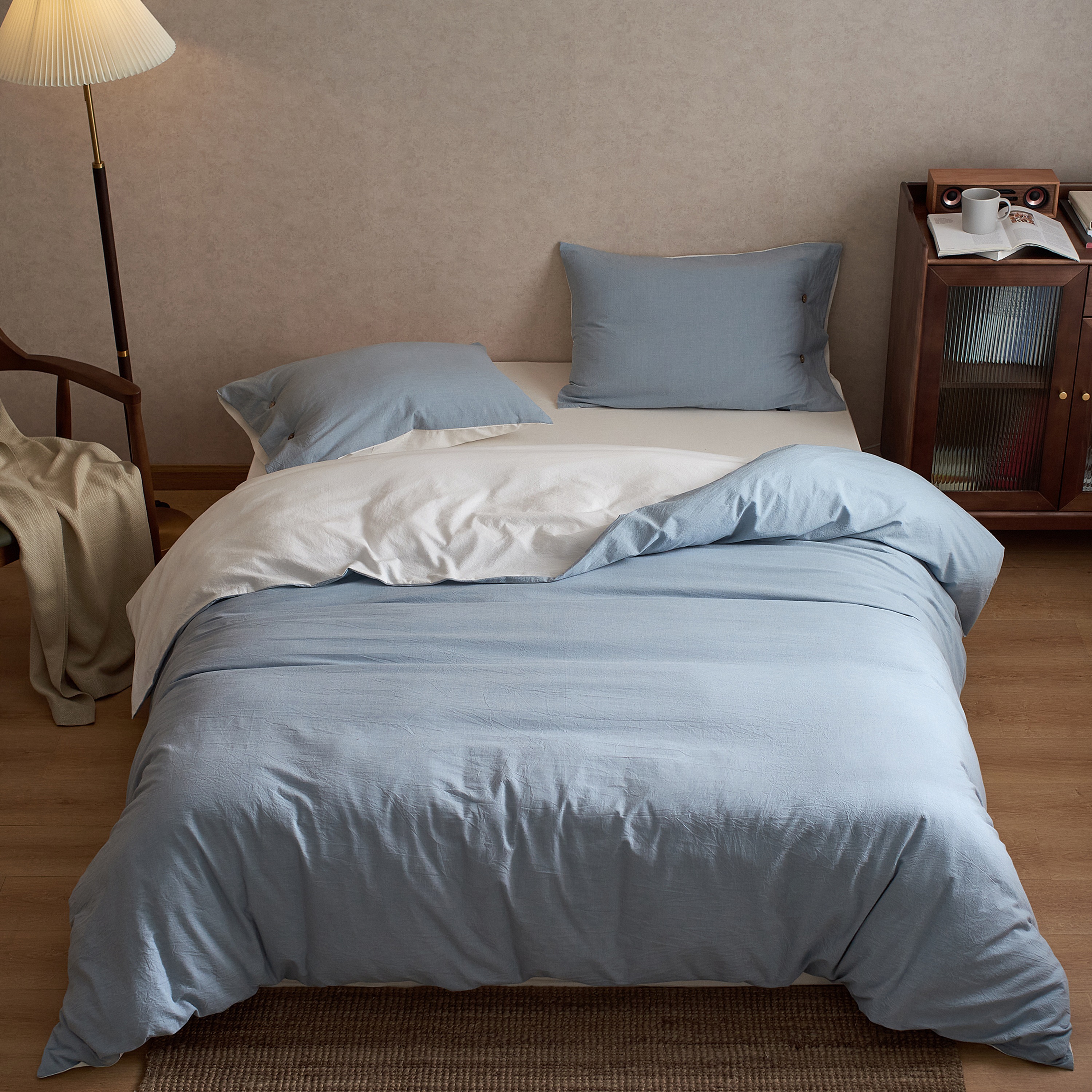 布団カバー シングル 4点セット ライトブルー コットン 綿洗いざらし加工