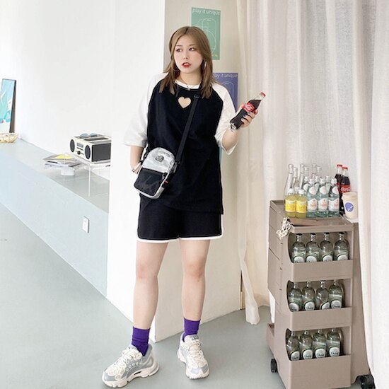 【取寄：納期2週間】セットアップ Tシャツ ショートパンツ 七分袖 カジュアル 大きいサイズ ゆったり バイカラー カットアウト スポーツ セットアップ Tシャツ ショートパンツ 七分袖 カジュアル