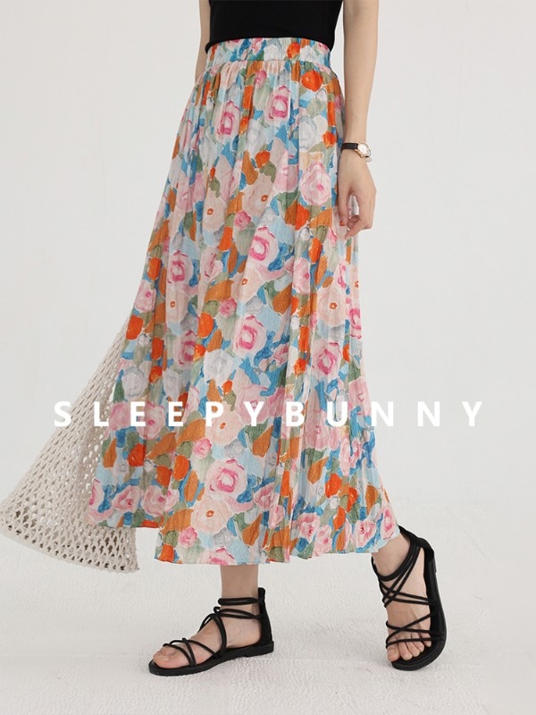 眠そうなウサギの油絵シリーズ サマープリントスカート レトロスイートホリデービーチスカート ミディAラインスカート