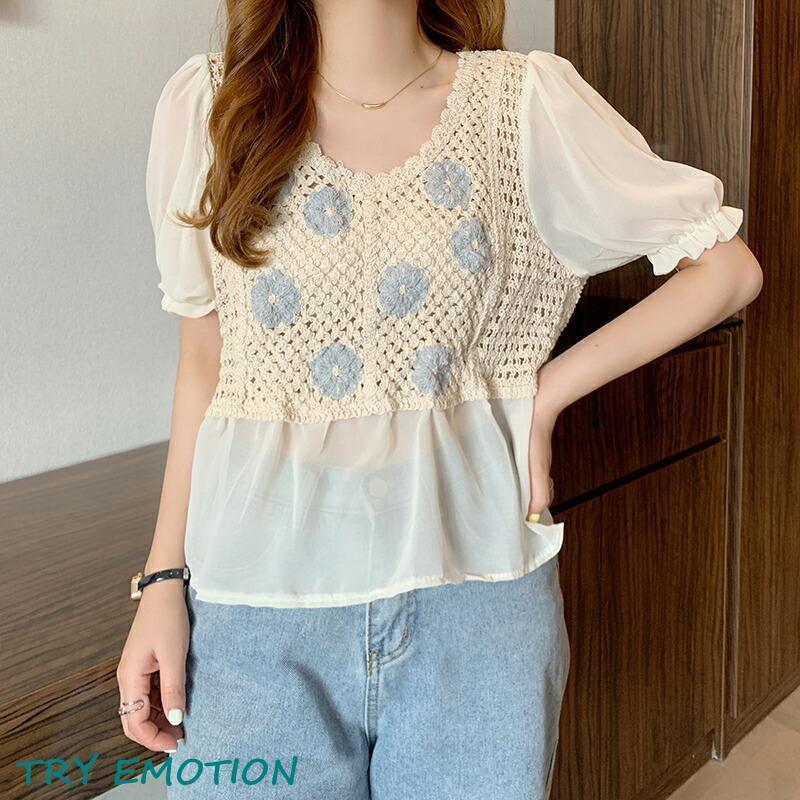 ブラウス 半袖 透かし編みシフォン切替 シャツ シャーリング Uネック フロントボダン トップス レディース レース フェミニン 透け感 きれいめ 上品 春 夏 秋