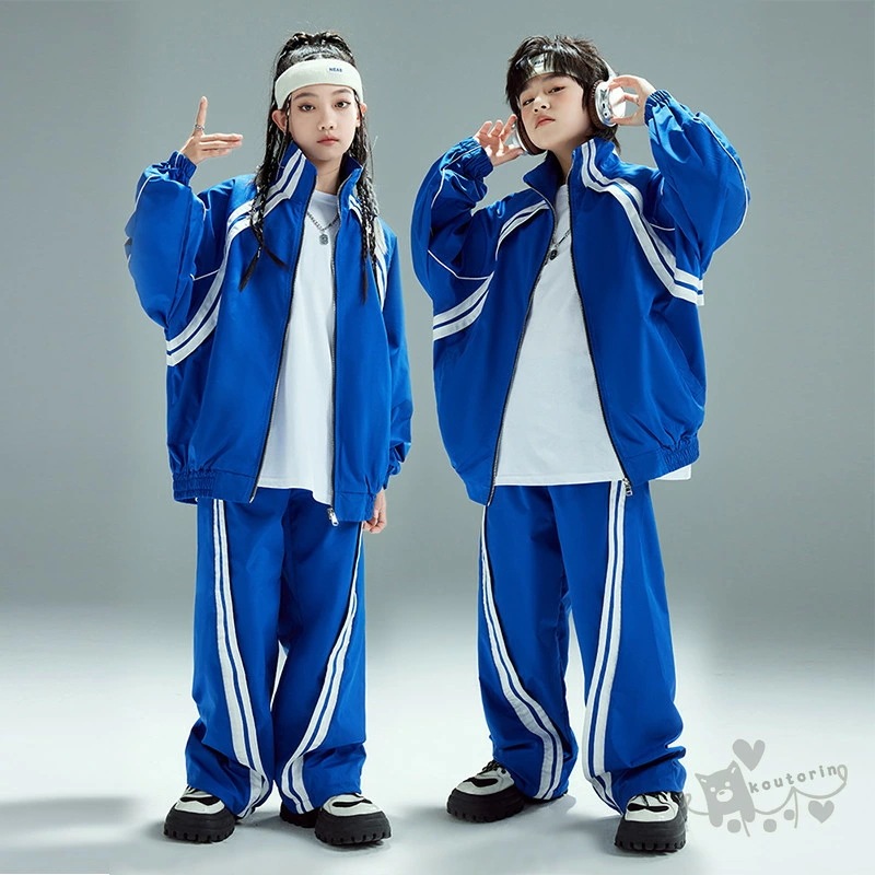 ダンス衣装 ヒップホップ k-pop衣装 白Tシャツ ブルー ジャケット 黒カーゴパンツ キッズ ガールズ 男の子 ウインドブレーカー　セットアップ 派手 K-POP 韓国 ステージ衣装 応援団 練習