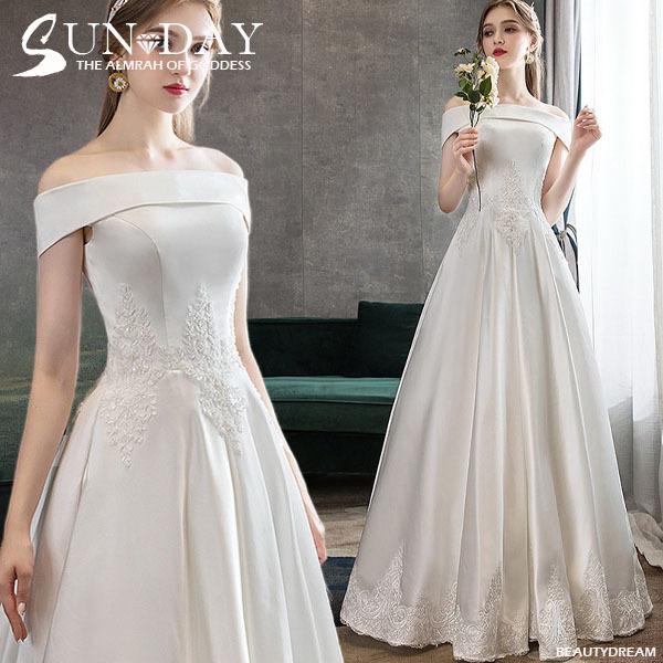 ウェディングドレス白 パーティードレス オフショルダー 可愛いレース 花嫁ロングドレス 結婚式 二次会 ウェディング 謝恩会 挙式-598