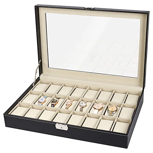 腕時計収納ケース 透明窓付き 腕時計ボックス コレクションケース 時計保管 ウォッチボックス アクセサリー収納兼用 PUレザー製 母の日 父の日 ギフト クリスマスプレゼント (24本)