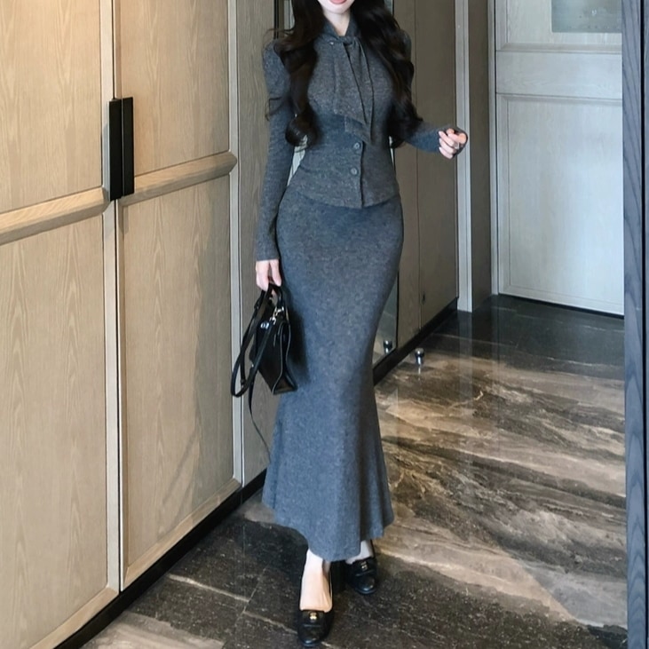 韓国デザイン秋冬新作おしゃれショート丈 グレートップス+ ロングスカート2点セットアップ