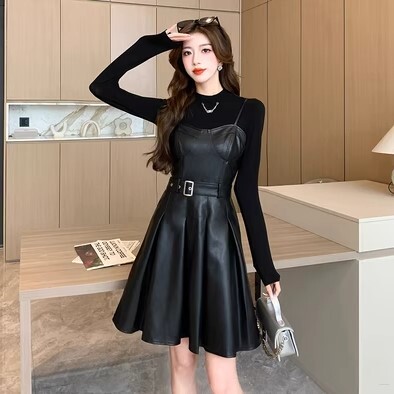 ハイネックニット レザーワンピ 2点セット セットアップ 高級 ニッチ ひざ丈 長袖 ハイネック かわいい 大人可愛い きれいめ カジュアル 大人 上品 おしゃれ お洒落 かっこいい 大人女子