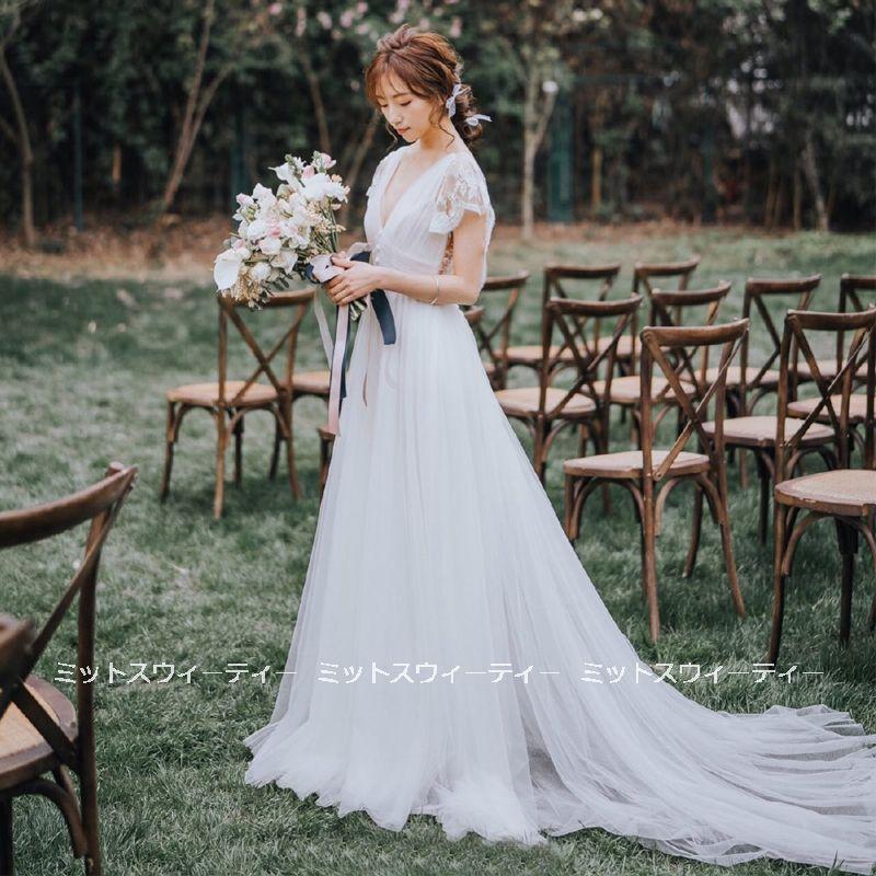 ウエディングドレス 二次会 レース トレーン 花嫁 前撮り ウェディングドレス ロングドレス 結婚式 エレガント 白 Vネック リゾートドレス ワンピース チュール