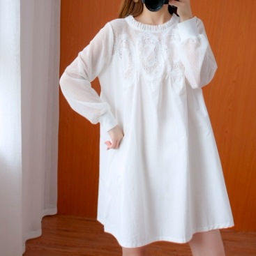 レディース ワンピース ミディアム 膝上 長袖 セミフレア Aライン オーバーサイズ フェミニン レース 刺繍 透け感 シースルー 切り替えデザイン かわいい 大人可愛い きれいめ シンプル 上品