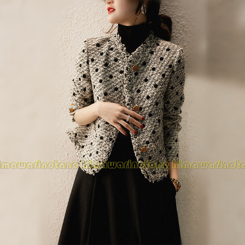 お手頃価格ジャケット ドット柄 レディース 長袖 ツイードジャケット トップス アウター ツイード ショート丈 ノーカラー オフィス おしゃれ 上品 きれいめ 通学 通勤 お洒落 カジュアル 上品 大