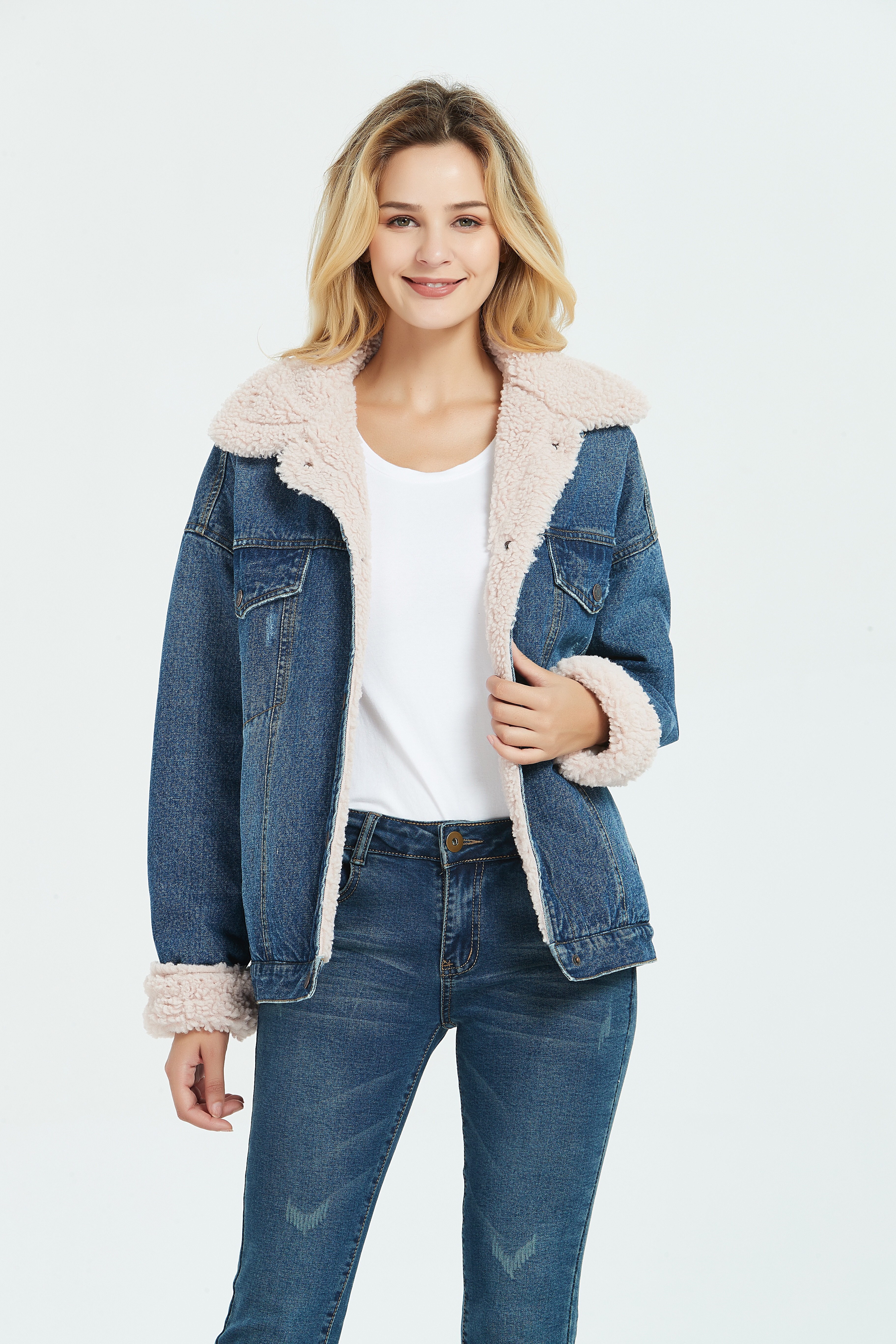 安い！韓国ファッション 2019冬の新しい韓国の東大門ファッションレディールーズシンプルルーズカジュアルな模造子羊の髪暖かいデニムコート