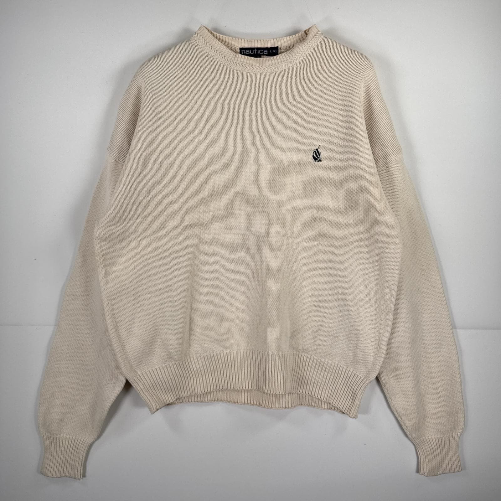 古着 90s/90年代 長袖 セーター クルーネック ワンポイント コットン ニット 丸首 L ホワイト 無地 メンズ