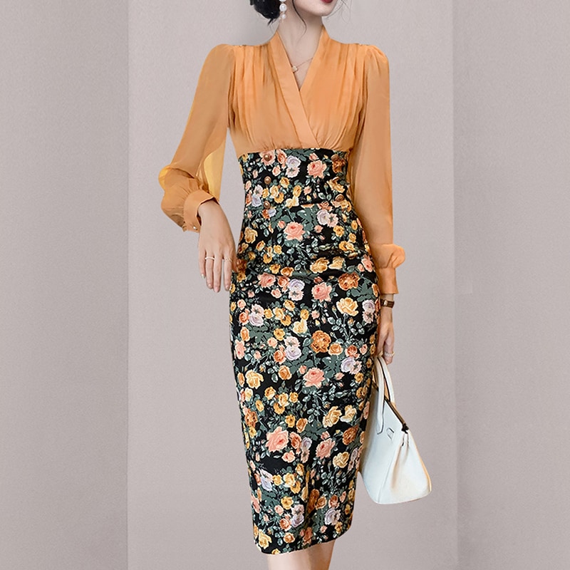 Vネック ドッキングワンピース 花柄. ワンピース. ドレス シフォン ドッキングワンピース ボディコン パーティー スリム エレガント ハイウエスト ２パターン a3731