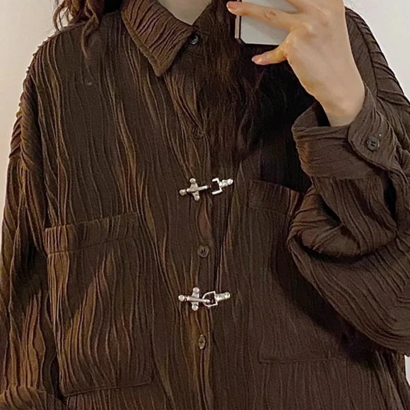 チャイナ風シャツ ブラウス 長袖 シワありの肌理感 トップス モダン 黒/白/コーヒー 男女兼用 トップス ユニセックス ファッション