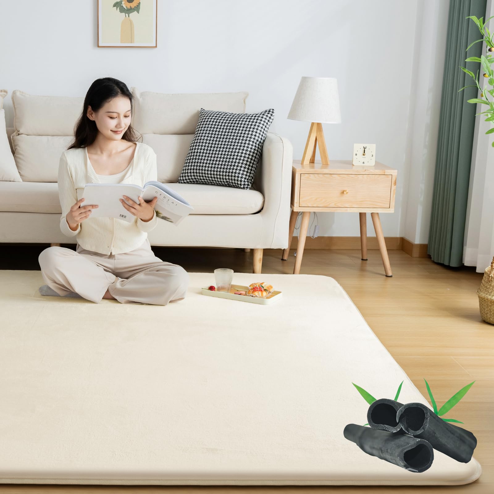 Softime カーペット ラグ 極厚25mm ラグマット防音 厚手 竹炭消臭 185×185cm 約2畳 絨毯 滑り止め付 防ダニ 抗菌 防臭 地毯 高反発 オールシーズン快適 床暖房 ホットカーペ