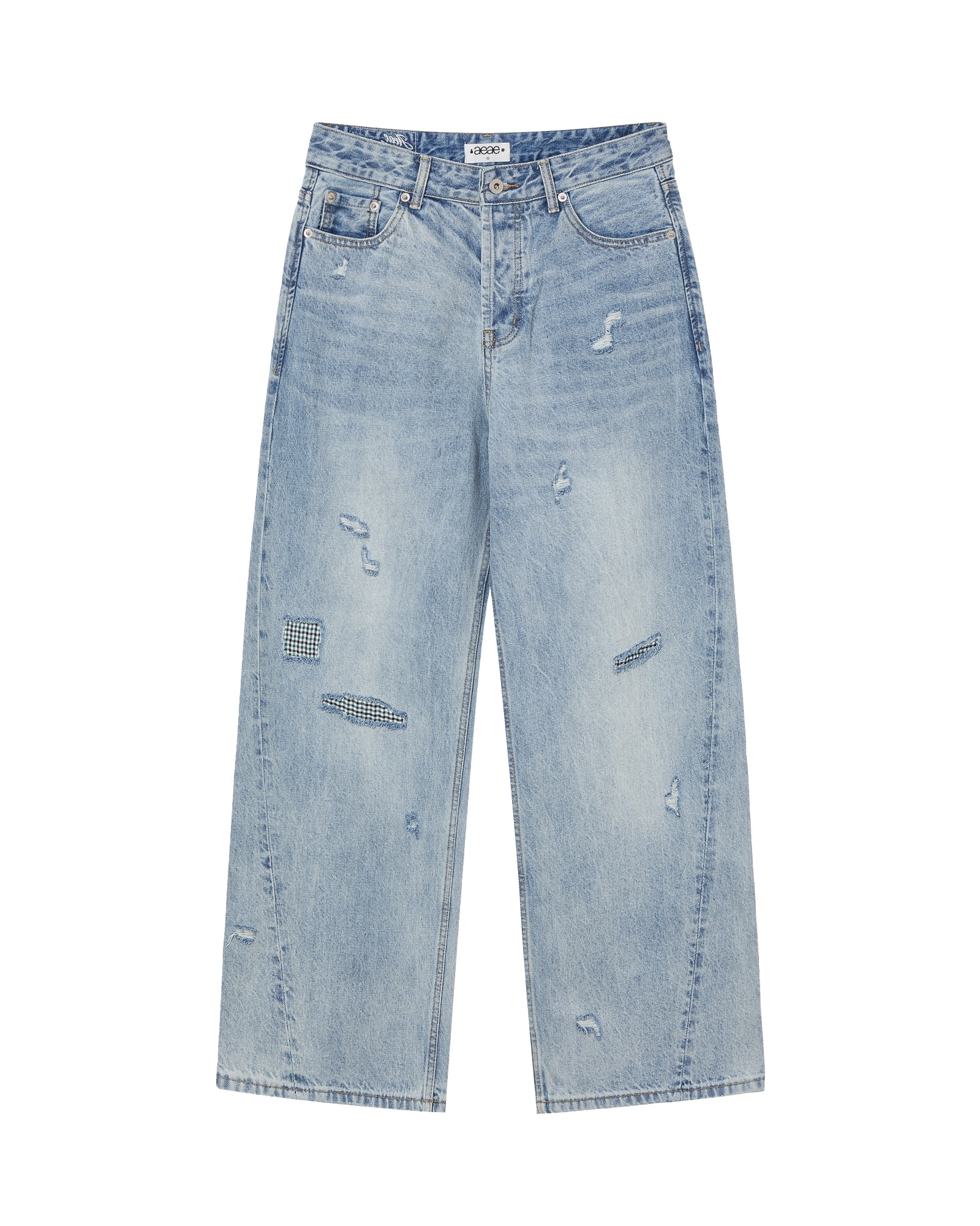 【aeae】 CHECK PATCHWORK DENIM PANTS : LIGHT BLUE