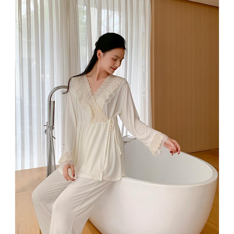 レディース ファッション 春夏 秋 かわいい おしゃれ マタニティ 妊娠中 ベビー 赤ちゃん 薄手 産後 パジャマ レース フリル ゆったり シンプル パンツ ロング 長袖 トップス ボトム