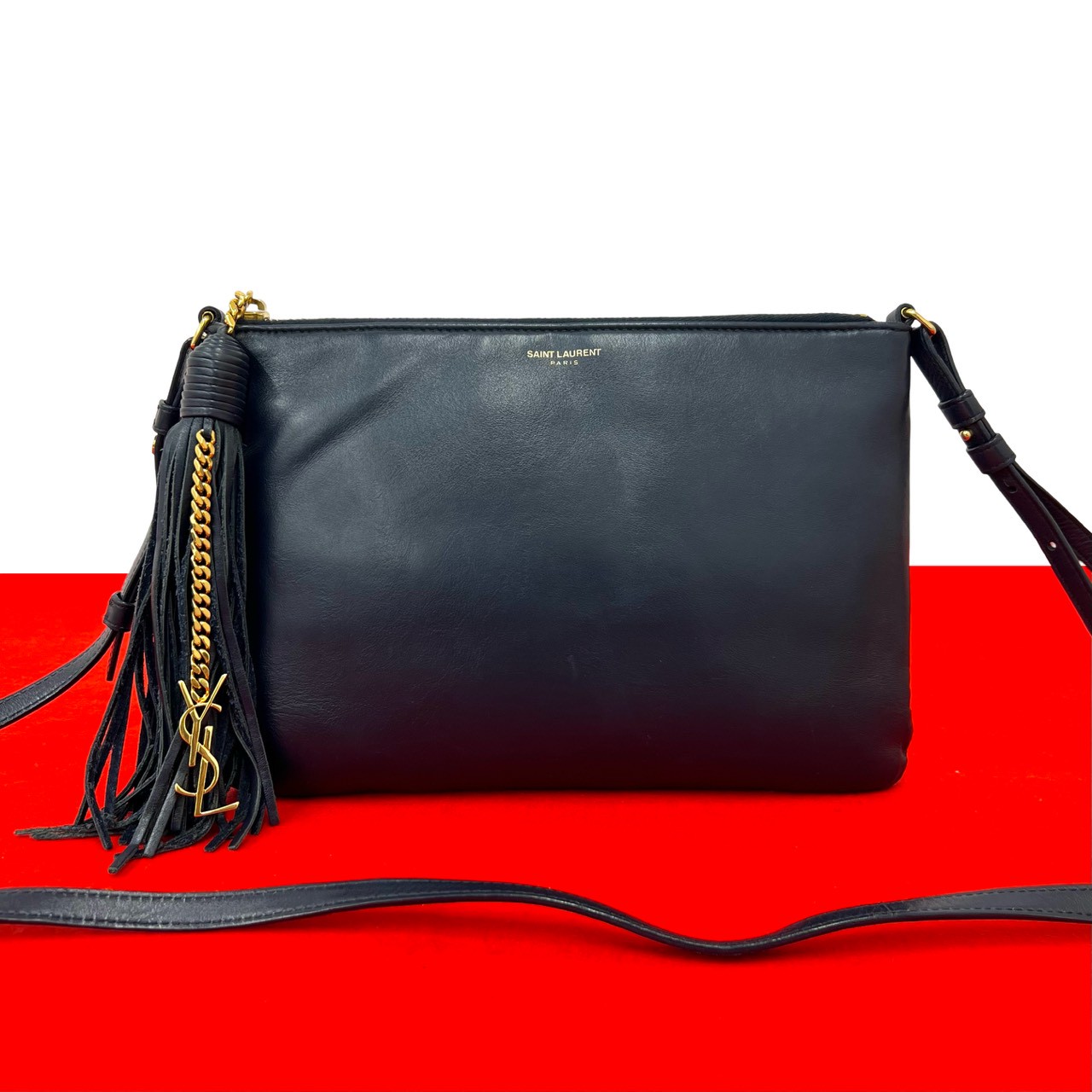YSL ロゴ 金具ショルダーバッグ レザー ネイビー 25119