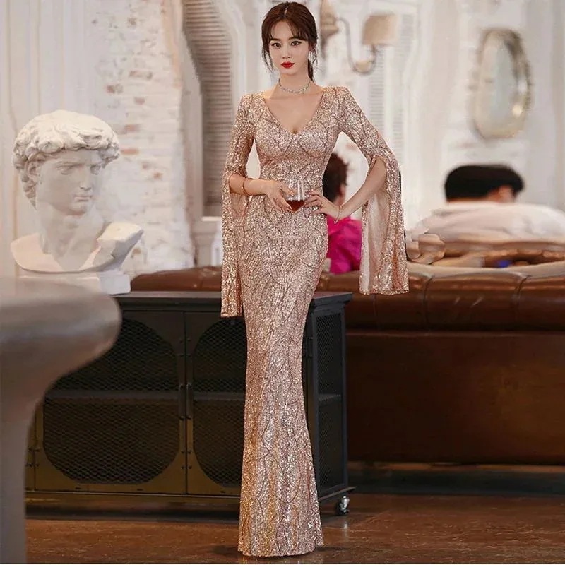 シャンパンカラーのイブニングドレス 女性らしさ ハイエンド ラグジュアリー テクスチャー フィッシュテイル ホストドレス 母の日