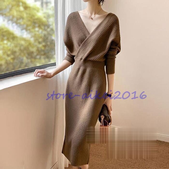 ニット ワンピース レディース カシュクール リブ ワンピース Aライン スタイルアップ 2カラー 長袖 秋冬 ワンピース きれいめ カジュアル フォーマル 通勤 旅行