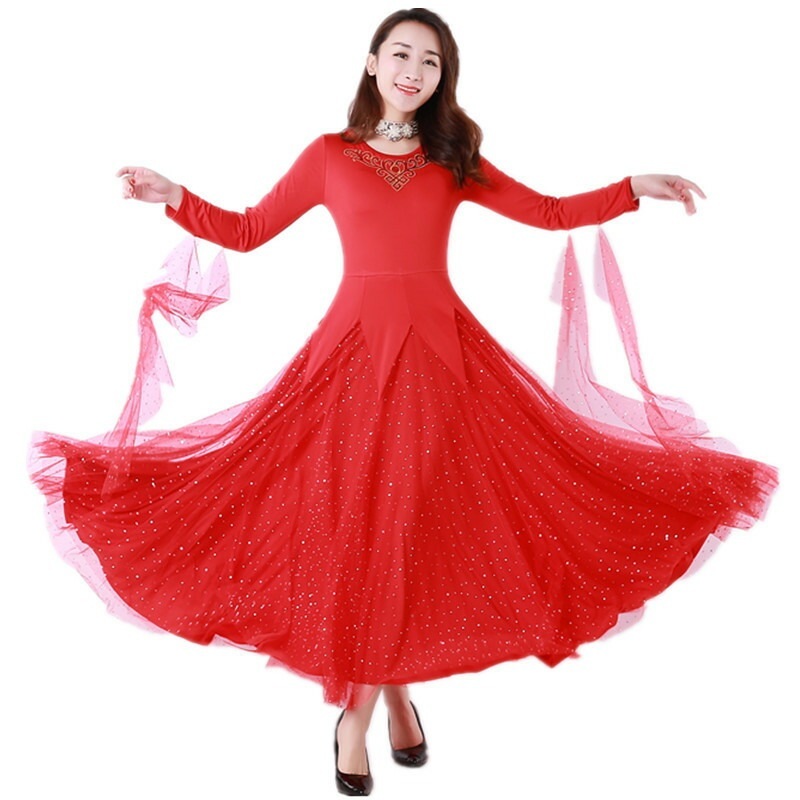 【受注生産S/M/L/XL/2XL】レッド長袖レース　社交ダンス 衣装 モダンドレス ラテンドレス ラテン衣装 社交ダンスドレス 大きい裾 豪華なドレス　ダンス衣装 ワンピース ダンス衣装 ダンス発表