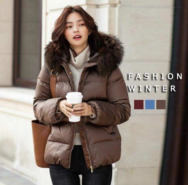 ダウンコート 暖かい レディースコート 冬新作 上品 キレイめ フード付き ファー 厚手 ショート丈 ジッパー ３色 ゆったり 着痩せ 20代30代40代通勤 お出かけ 旅行 アウター ワイン ブル