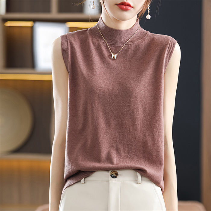 トップス レディース ノースリーブ WOOL ウール 薄手 ハイネック 無地 通勤 カットソー キャミソール タンクトップ キレイめ 肌着 細見え効果あるリブニット 柔らかい ストレッチ性 シンプル