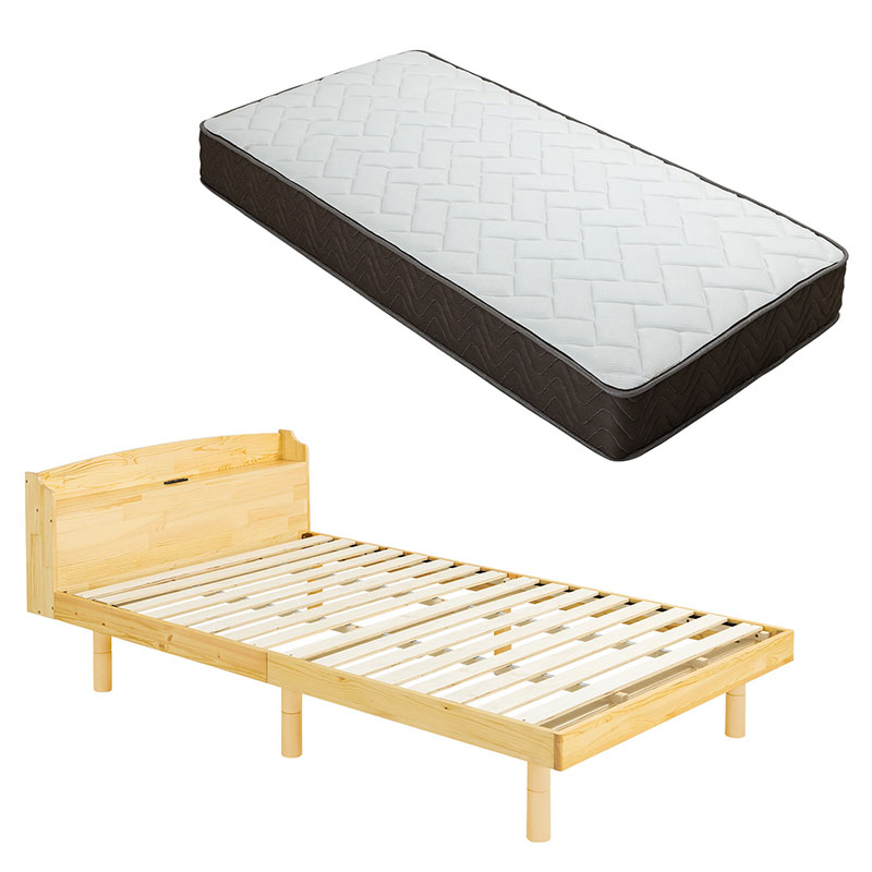 コンセント付き すのこベッド ＋ 高密度 ポケットコイル マットレス付 セミダブル 頑丈 シンプル 天然木フレーム 高さ3段階すのこベッド