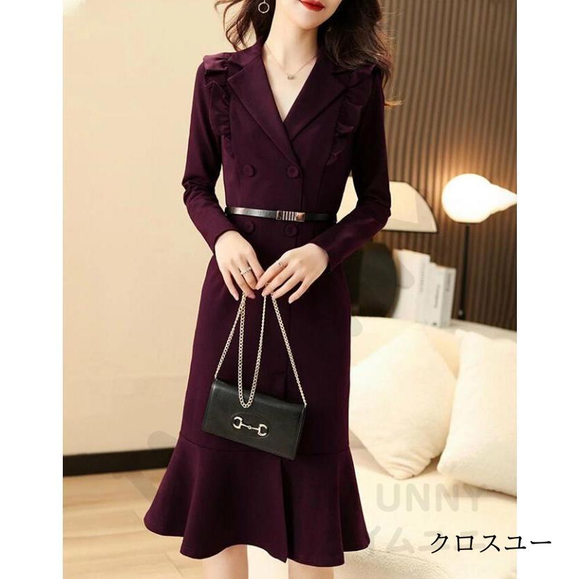 ワンピース レディース フォーマル ロングワンピース マーメイド 大人 入学式 ママコーデ Vネック ミモレ丈 タイト オフィス きれいめ ビジネス 通勤 OL