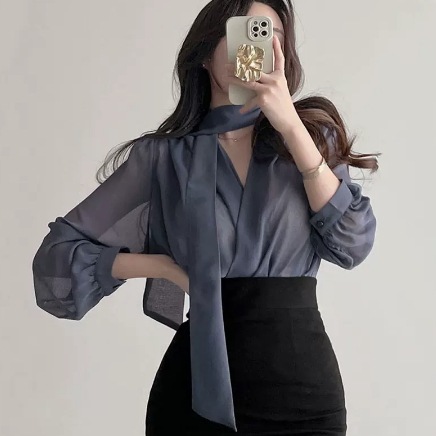 トップス ブラウス 袖あり 長袖 ボリューム袖 Vネック カシュクール 襟なし チュール 透け感 シースルー ポリエステル 大人可愛い きれいめ 大人 上品 おしゃれ レトロ 大人女子 こなれ感