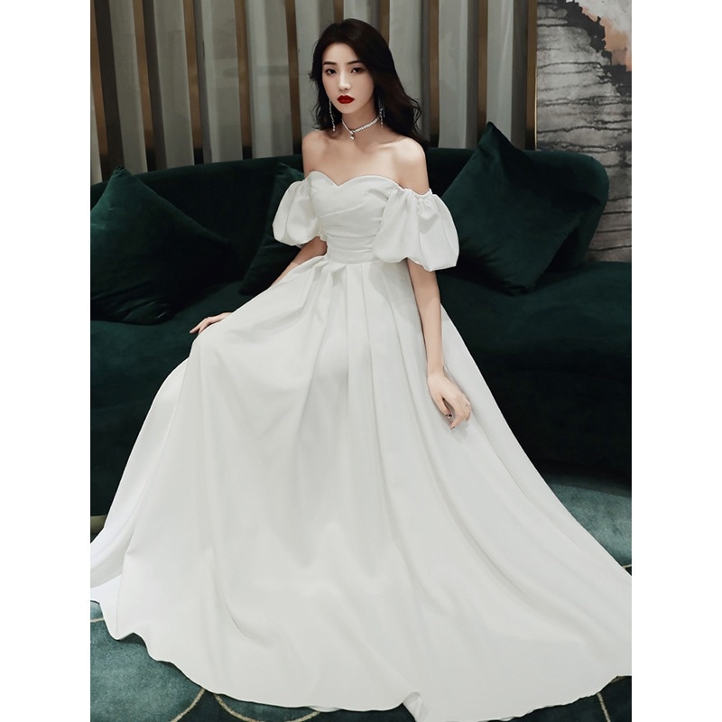 パーティードレス 卒業式ドレス 入学式 通気性 ミディアムドレス 結婚式ドレス 白いドレス女性用新作宴会用エレガントなロングドレスパーティー用ワンショルダーチューブトップイブニングドレス