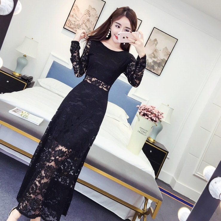 ドレス レディース ワンピース スカート フレアスカート フレアワンピース ワンピドレス ロング丈 ミディアム丈 長袖 襟なし フレア Aライン 細身 レース フリル ハイウエスト 透け感 シースルー