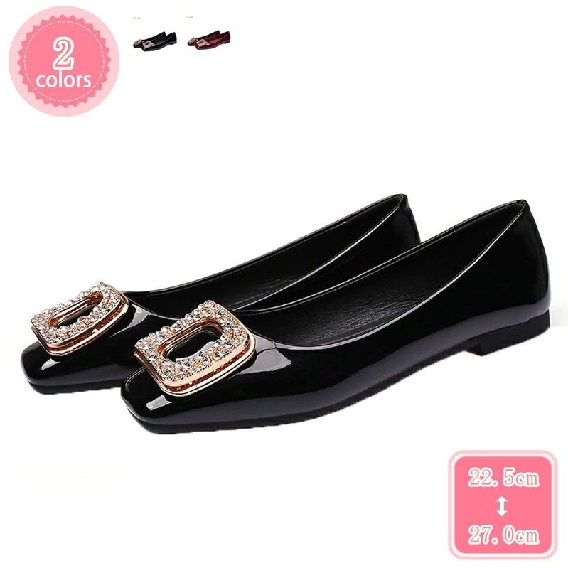 500円OFFクーポン パンプス 痛くない 光沢感 オフィス ローヒール ぺたんこ バックル バレエシューズ フラットパンプス スクエアトゥ 走れる 大きいサイズ フラットシューズ 通勤 通学 柔らか