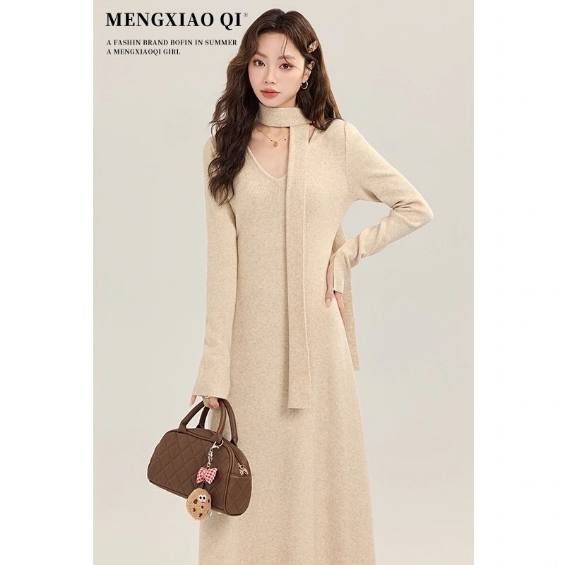 フレンチ長袖Vネックニットワンピース女性ロングスカートの底内の気質のシニア感覚ワンピース ワンピースレディース ドレス ロングワンピース ニットワンピース ワンピース レディースファッション 韓国