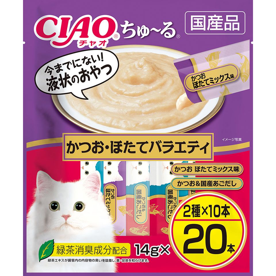 （まとめ買い）いなばペットフード CIAO ちゅる かつお/ほたてバラエティ 14gx20本 猫用おやつ [x4]