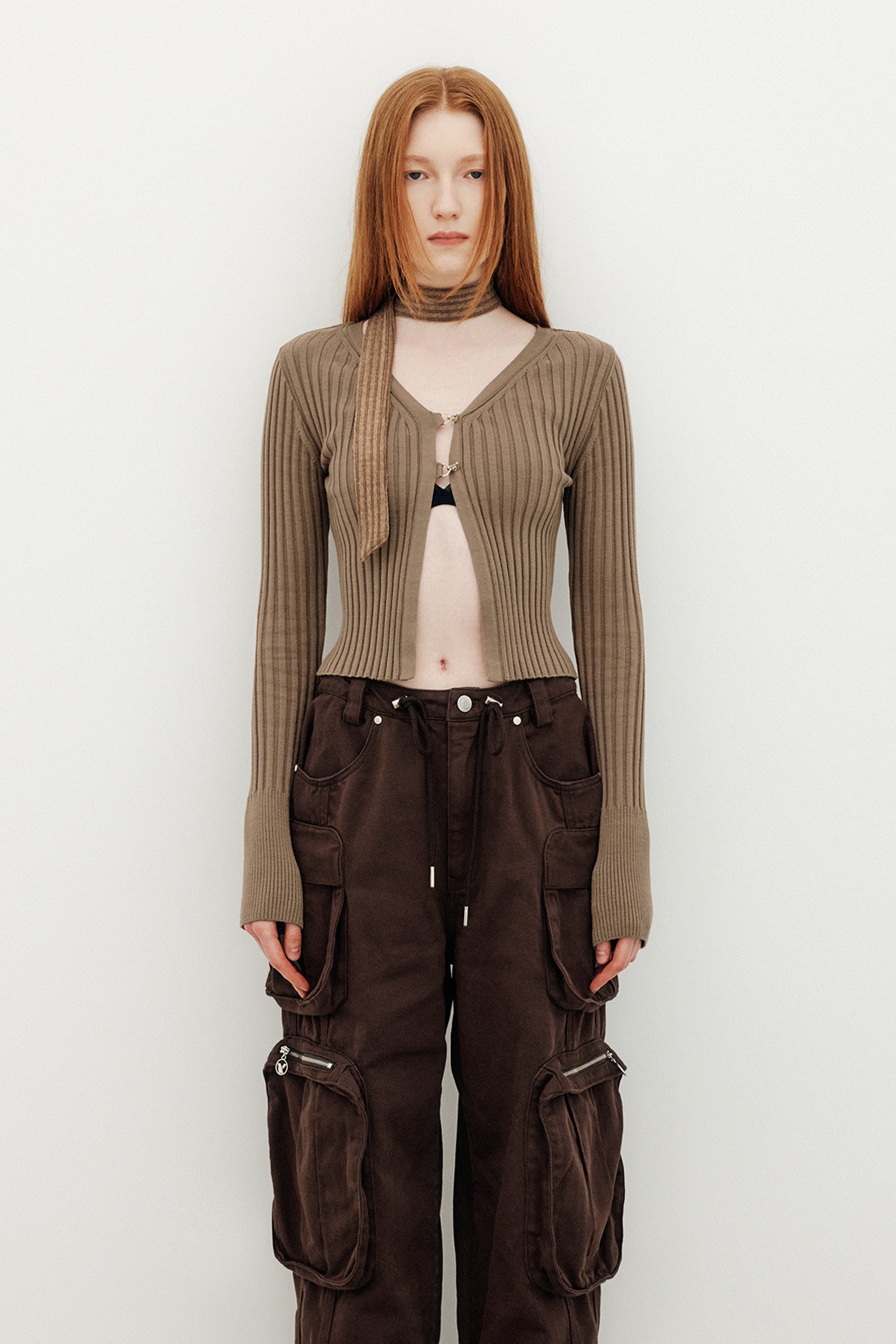 【YUSE】 RIBBED HOOK CLOSING LAYERED KNIT CARDIGAN TOP : BEIGE