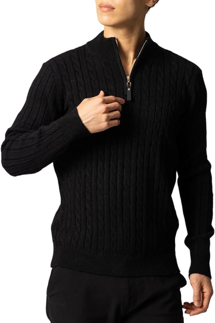 セーター メンズ ハーフジップ ハイネック ケーブルニット カジュアル 無地 長袖(ブラック, 2XL)