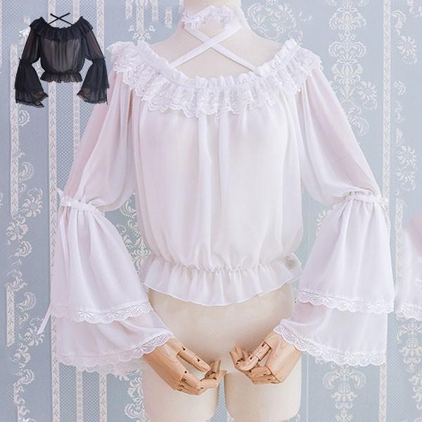 即納 ロリータ シフォンブラウス シャツ ショート丈 姫袖 丸襟 ロリィタブラウス 長袖 五分袖 春 夏 ホワイト かわいい 清楚 透け感 スイート