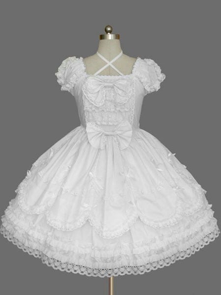 【全店任意2枚購入で100円OFF】ロリータ服　ワンピース　ホワイト　チュニック　ドレス　コットン　可愛い　半袖　飾り付き襟　リボン　パーティー