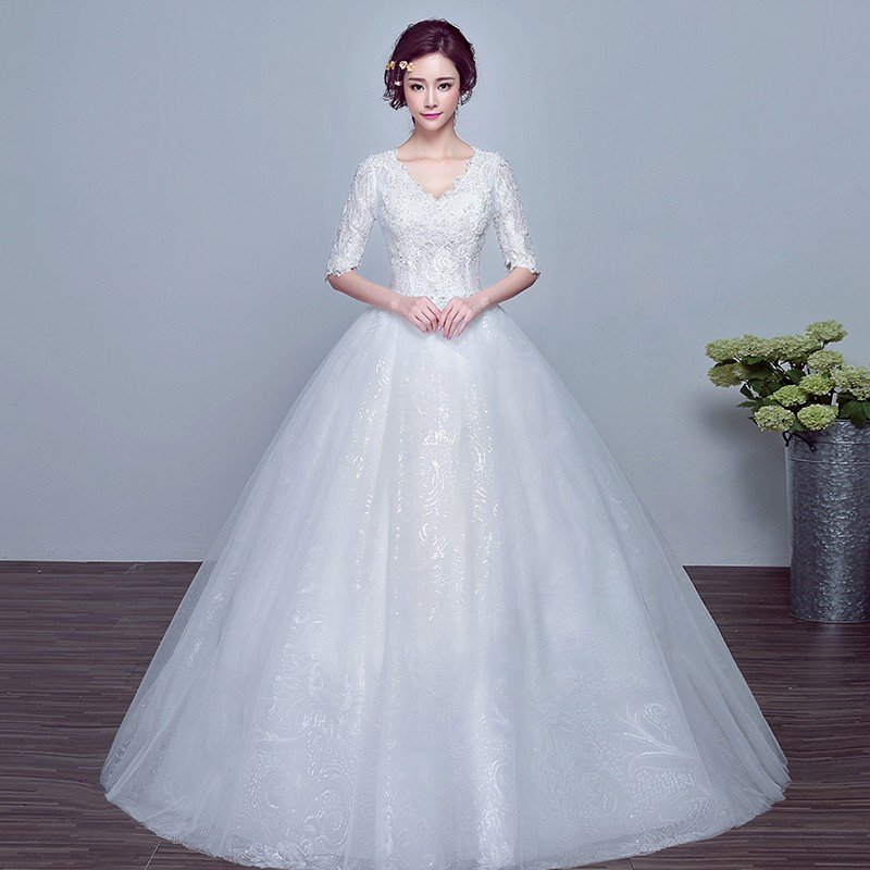 ウエディングドレス 結婚式 二次会 ウェディングドレス 安い プリンセス 長袖 エンパイア 花嫁 ドレス 披露宴 ロングドレス ブライダル 白 Ｖカット