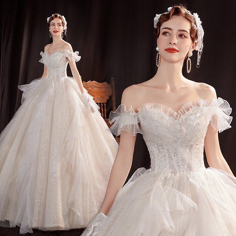 ウェディングドレス 二次会 結婚式 プリンセスラインドレス 花嫁 ロングドレス 撮影ドレス レース プリンセスドレス 豪華 ロングトレーン 姫系 レトロドレス
