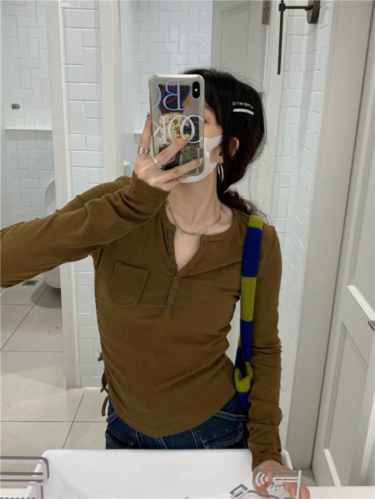 トップス 袖あり 長袖 Vネック タイト かわいい 大人可愛い シンプル カジュアル ラフ マニッシュ ルーズ 無地 春 秋 10代 20代 30代 お出かけ 女子会 休日 韓国 韓国系 オルチャン