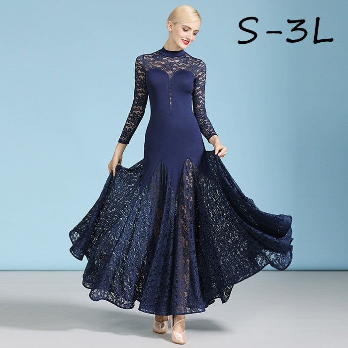 社交ダンス 衣装 透け感 モダンドレス 練習着 ロングワンピース ウェア イベント 競技 大きい裾 レディースダンス ステージ ワルツ ネイビー ダンスウエア ダンス発表会 団体 イベント演出用 S