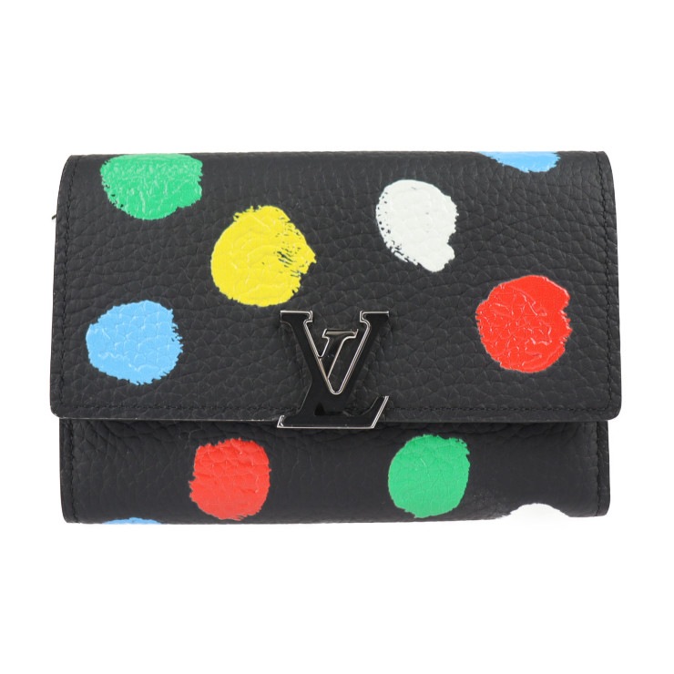 ポルトフォイユ カプシーヌ LV × YK 草間彌生 コラボ 三つ折り財布 M81963 トリヨンレザー ブラック マルチカラー シルバー金具 2023年コレクション ビトン【本物保証】