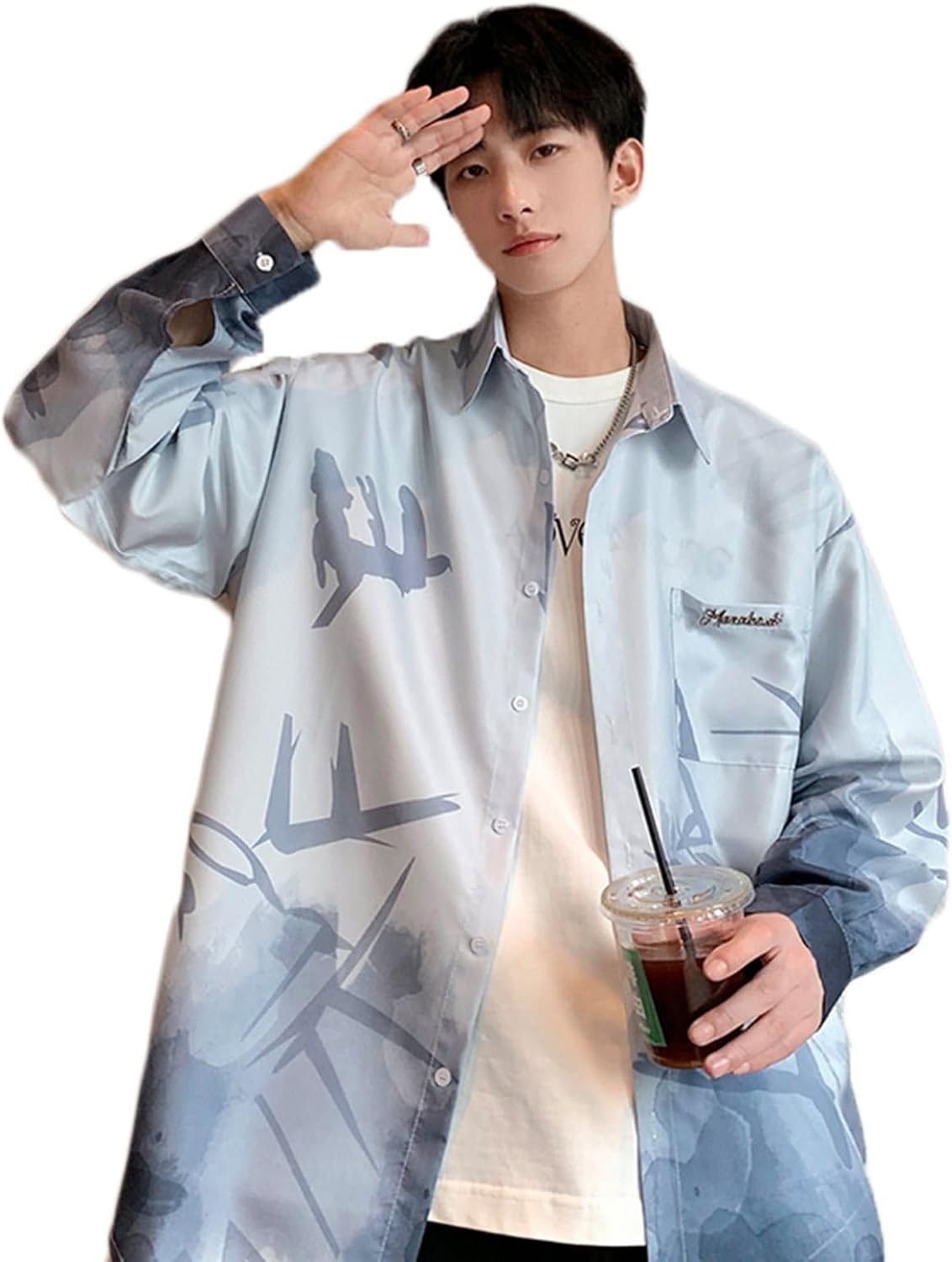 シャツ ジャケット メンズ グラデーション プリント ぼかし染 ショートジャケット カジュアル シャツジャケット 長袖 折り襟 春夏秋冬 上着 ボタン付き 男性用 柔らかい 軽便 日常