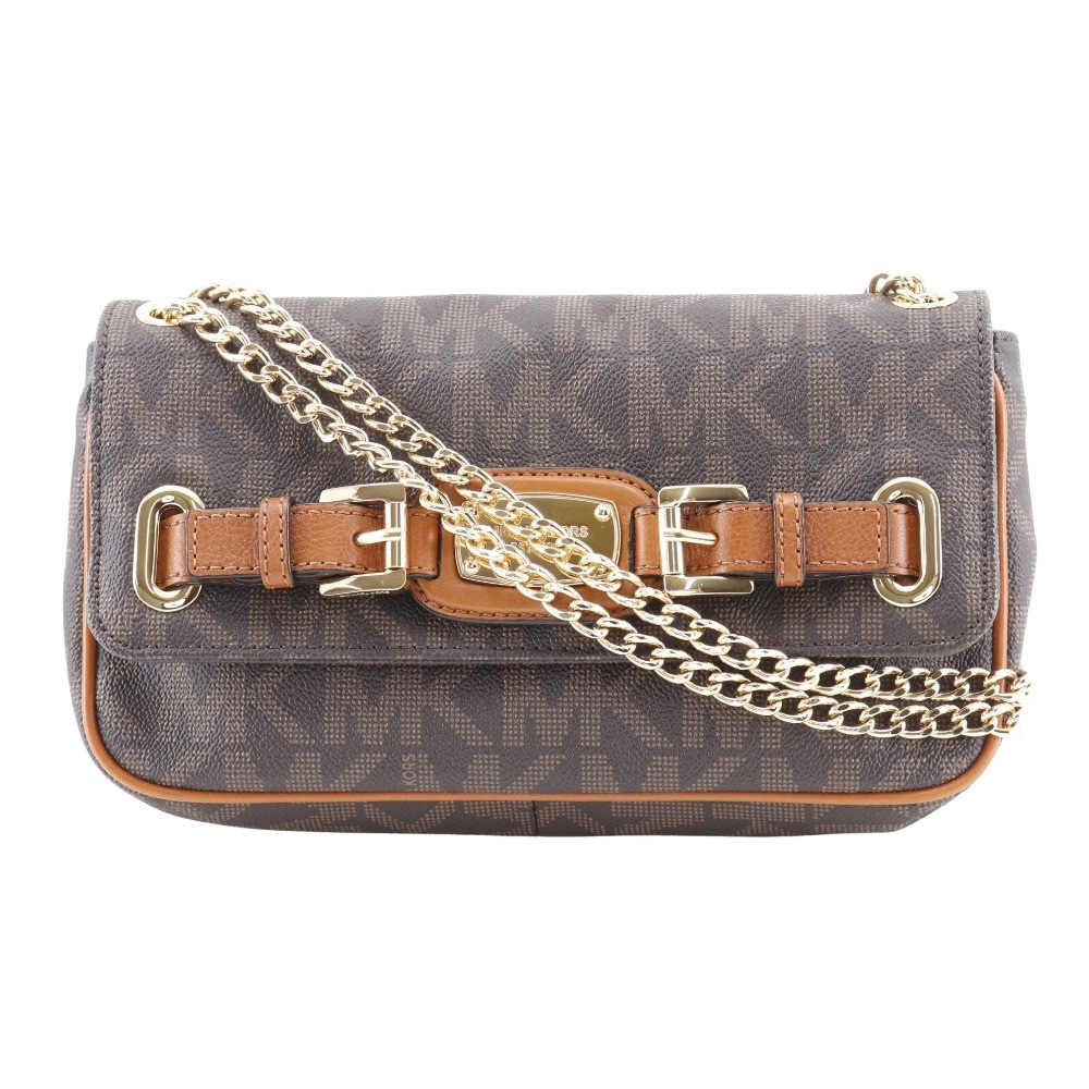 チェーンショルダー MKシグネチャー ショルダーバッグ PVC こげ茶 レディース 中古品 A+ランク