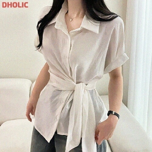 ロールアップルーズラップボタンアンバランスブラウス