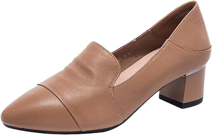 パンプス レディース 牛革 チャンキーヒール ローファー風 4cmヒール 安定感 ゴム底( ベージュ, 23.0 cm 3E)