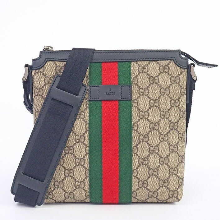【美品】グッチ GG柄 シェリーライン フラット メッセンジャーバッグ クロスボディ 斜め掛け GGスプリーム×ウェブ メンズ 【ショルダーバッグ】